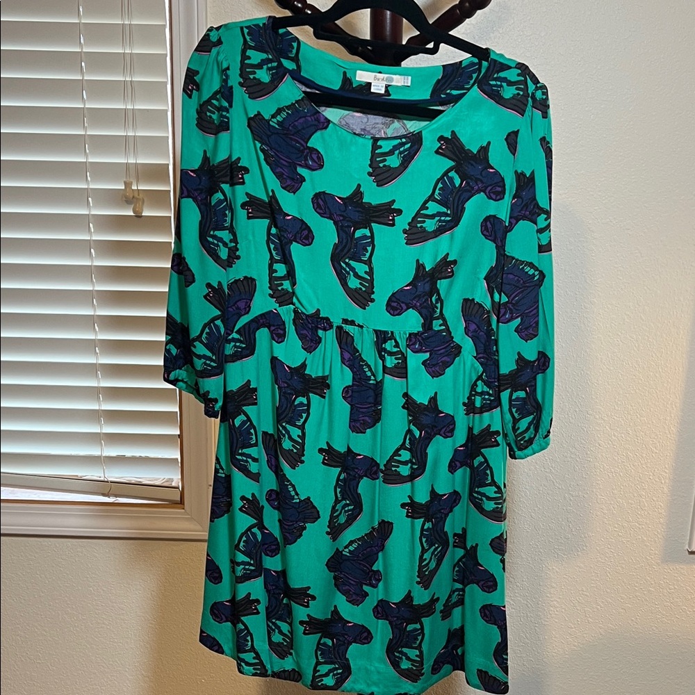 Boden Green and Blue Bird Print Dress